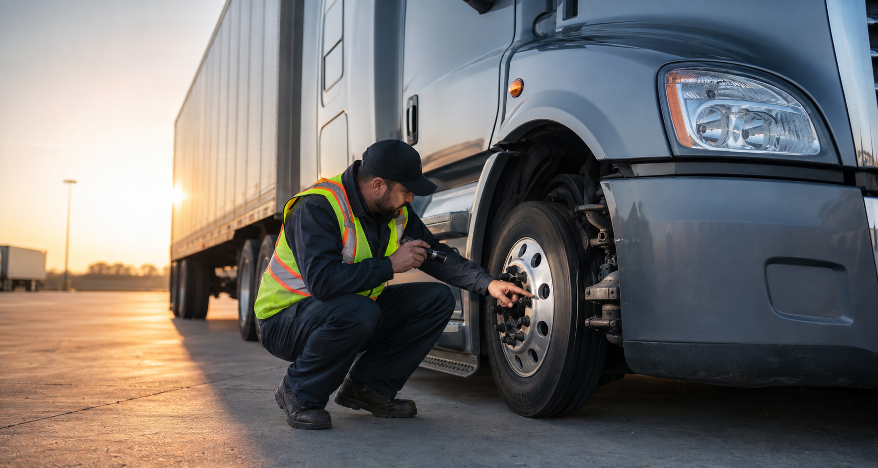 Commercial driver inspecting the front wheel of a tractor-trailer during a pre-trip inspection